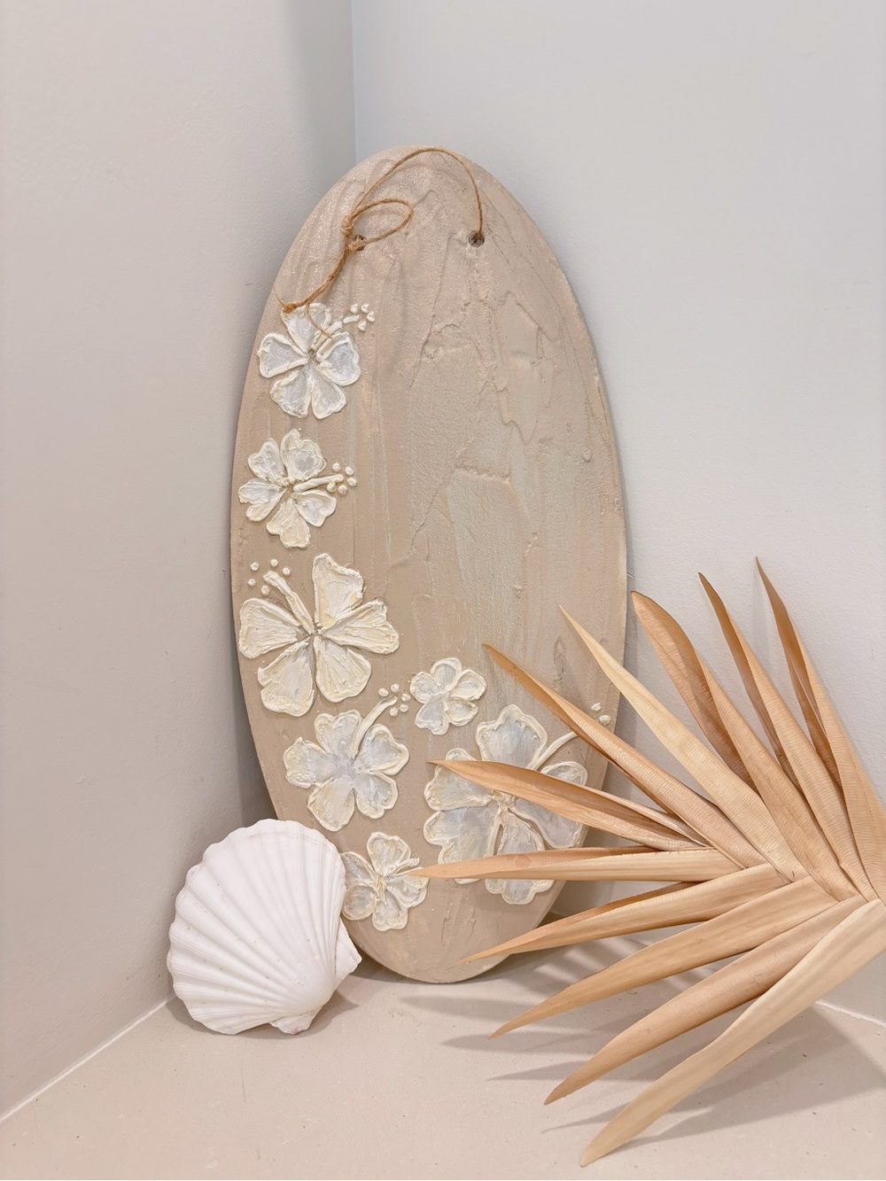 Neutral Beige Hibiscus Surfboard Textired Wall Art